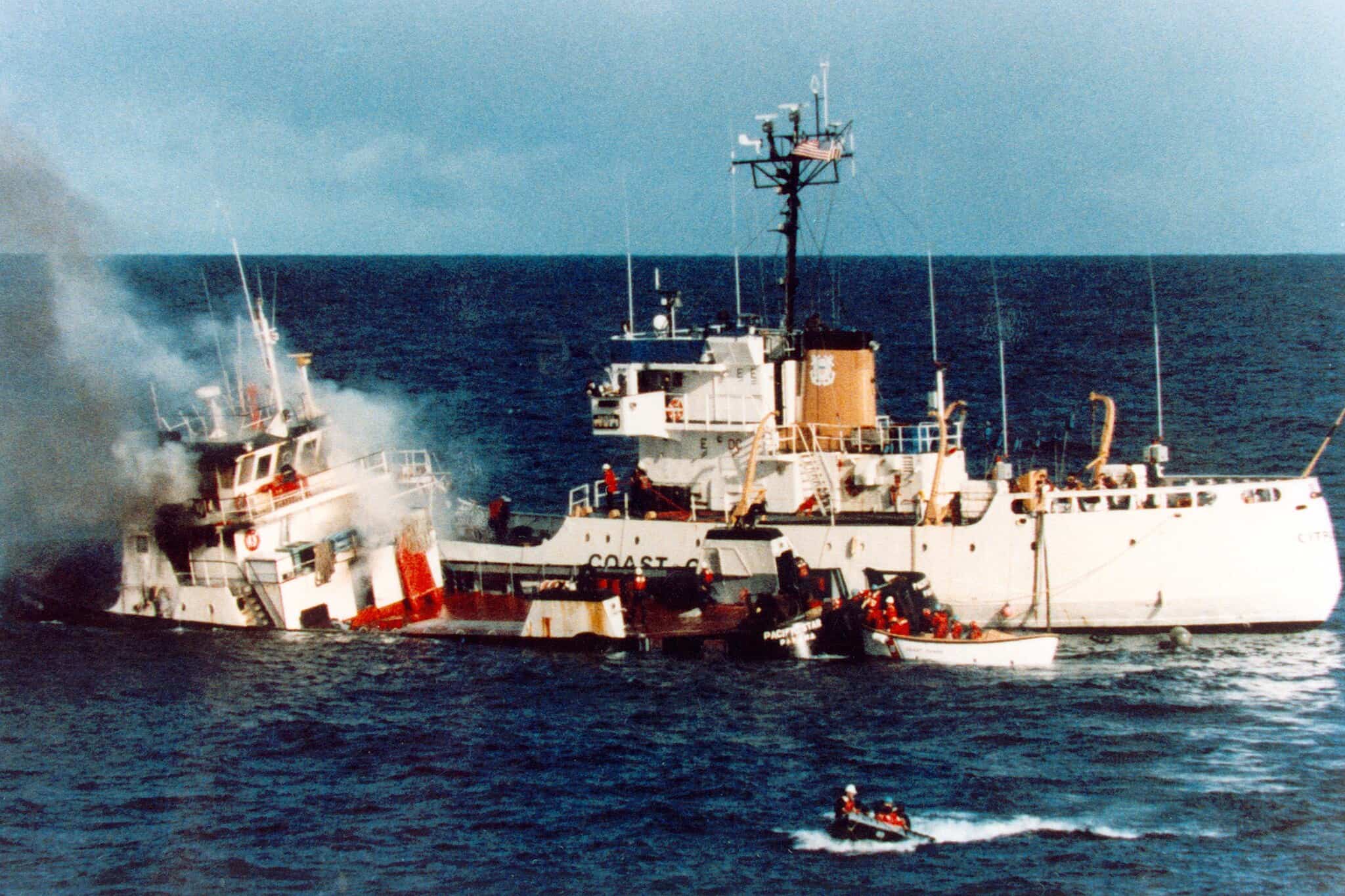 USCG Citrus-MV Pacific Star Aflame after collision-1JAN85 PD-USGov-DHS-CG